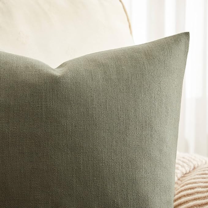 Rustic Linen Throw Pillow Covers Set of 2, Olive 20x20in | Textured Pillow Case, Rustic Cotton Linen Fabric, Modern Farmhouse Cushion Covers for Sofa Bed Living Room Home Decor
