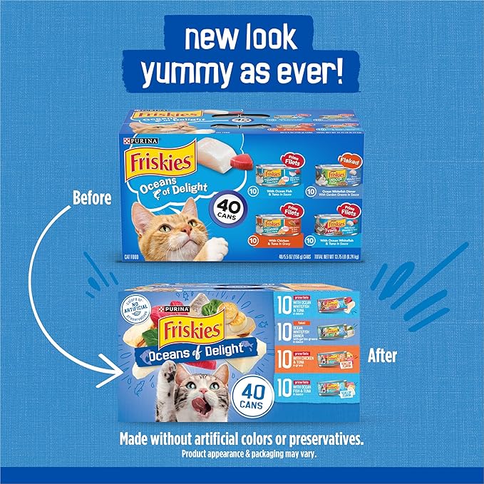 Friskies Purina Wet Cat Food Variety Pack, Oceans of Delight Flaked and Prime Filets - 5.5 oz. Cans (Pack of 80)