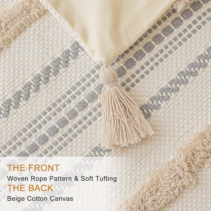 BUIOVBEY Boho Throw Pillow Covers Woven Tufted Pillow Cases with Tassels | Farmhouse Pillow Covers 18x18 Set of 2 Textured Striped Cushion Case Neutral Decorative Pillowcase for Sofa Couch Bed Khaki