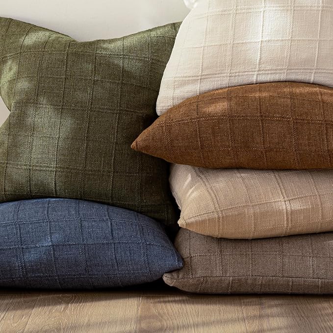 Foindtower Set of 2 Decorative Linen Check Throw Pillow Covers Neutral Farmhouse Vintage Cushion Covers Modern Boho Home Decor for Sofa Chair Couch Bedroom Living Room,26×26 Inch,Light Brown