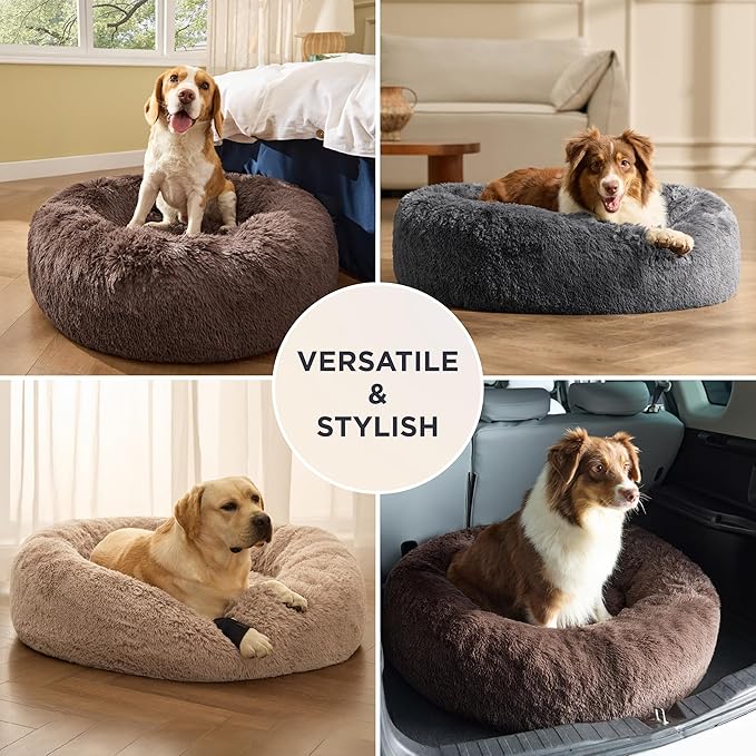 Bedsure SupportMax™ Calming Dog Bed Medium Size Dog Washable Pet Bed,30in | 420GSM Plush Fluffy Faux Fur Donut Round,Thick Supportive,Removable Cover,Anti-Slip,Anti-Anxiety,Up to 45 Lbs,Navy