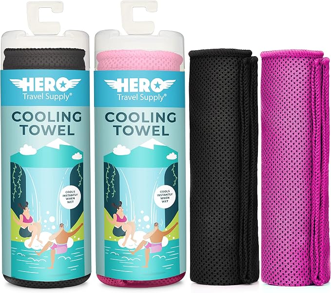 Hero Cooling Towel for Travel, Hiking, Sports, Yoga (2-Pack) Ultra Soft Microfiber 40" x 12" (Black/Pink)