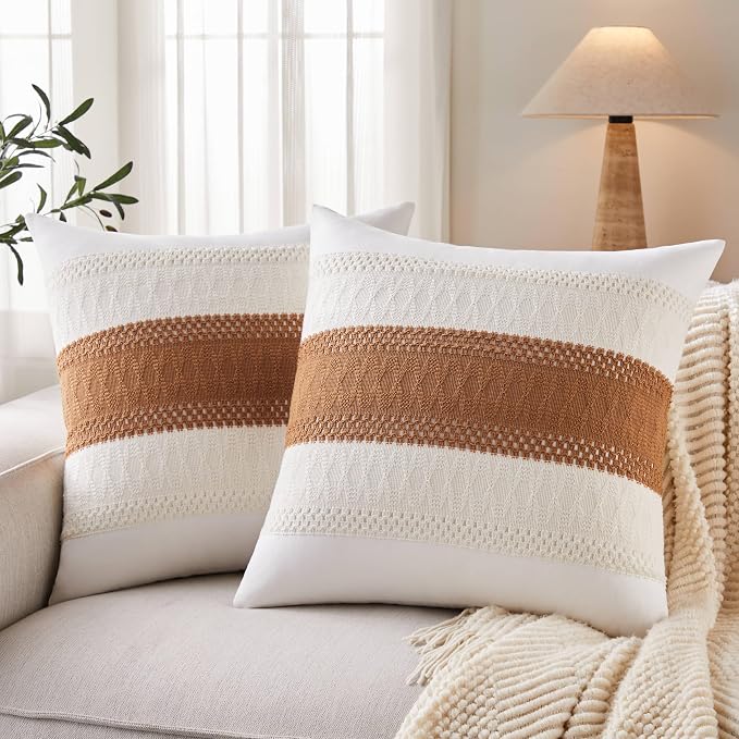 2pk Boho Pillow Covers 24x24, Natural White/Contrast/Caramel | 100% Organic Cotton Body, Stripe Embroidery, Farmhouse Decorative Cushion Covers for Sofa Bed Living Room Home Decor