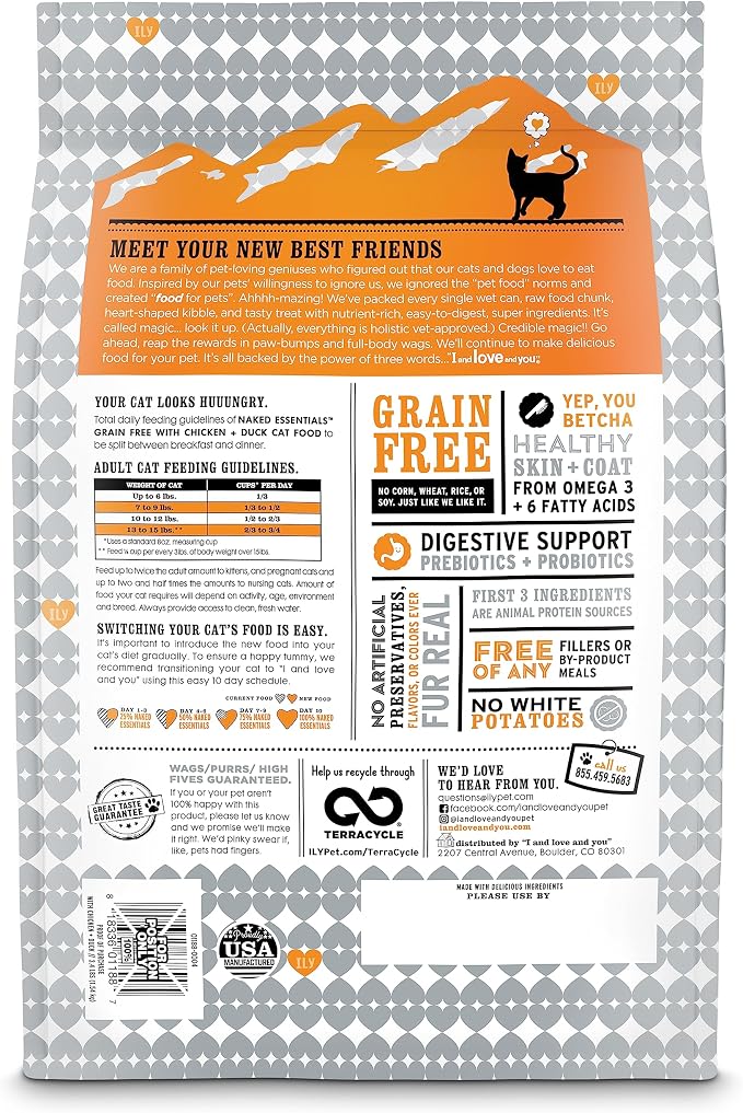I AND LOVE AND YOU Naked Essentials Dry Cat Food - Chicken + Duck - Grain Free, Real Meat, No Fillers, Prebiotics + Probiotics, 3.4lb Bag (Pack of 2)