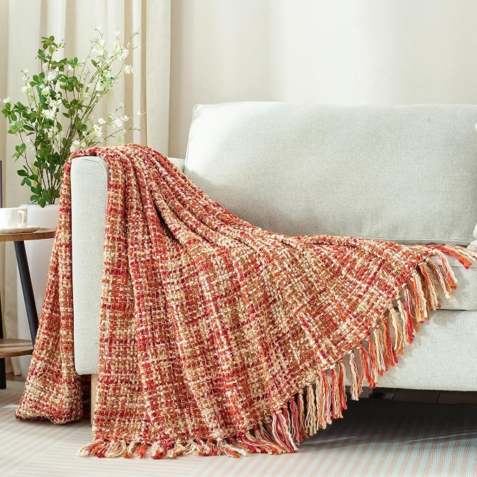 Multi-Color Cable Woven Throw Blanket for Couch - 50"X60" | Multicolored Boho Style,Super Soft Warm Cozy Chunky Blankets with Decorative Tassels for Bed and Sofa,Dark Red