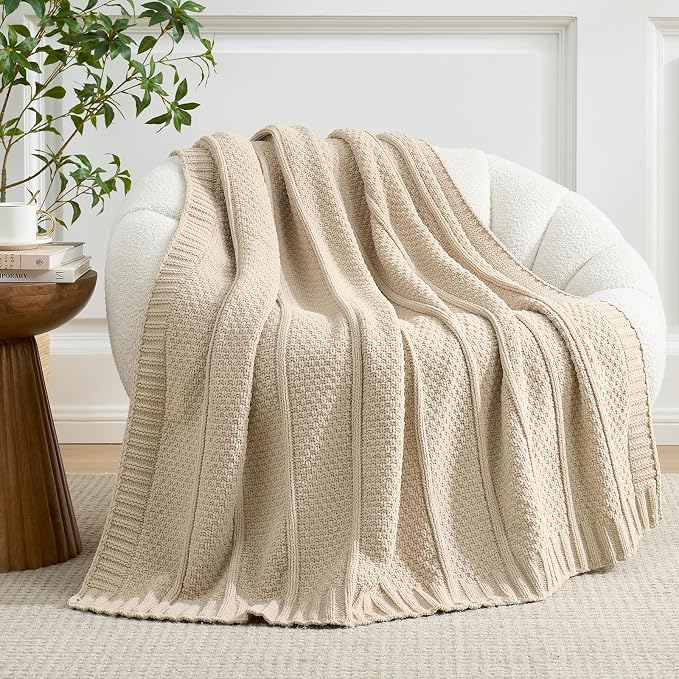 Chenille Throw Blanket for Couch, Soft Cozy Chunky Knit Blanket, Moss Stitch Throw for Sofa, Bed, Living Room, Lightweight Warm Home Decor, Beige 60"x80"