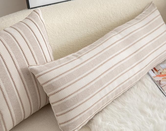 Cethom Decorative Boho Lumbar Pillow Covers, Modern Farmhouse Couch Pillowcase, 14 x 36 Long Accent Body Throw Pillow Covers, Sofa Bed Living Room Decor Cushion Case, Taupe and Beige, Pack of 1