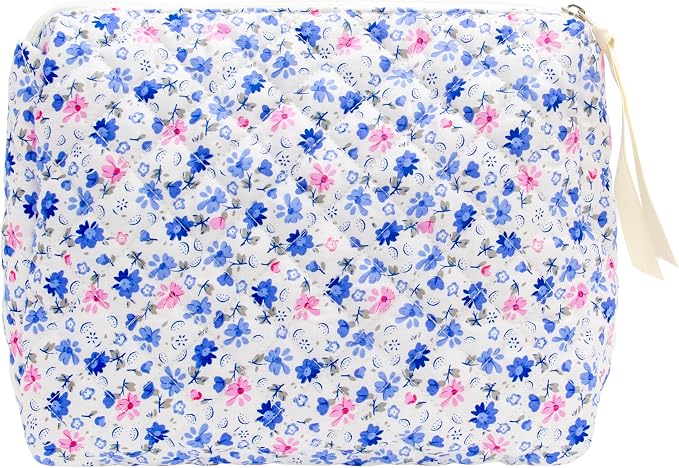 PAZIMIIK Quilted Makeup Bag Large Travel Zipper Soft Cosmetic Pouch for Women Girls Make Up,Floral Blue