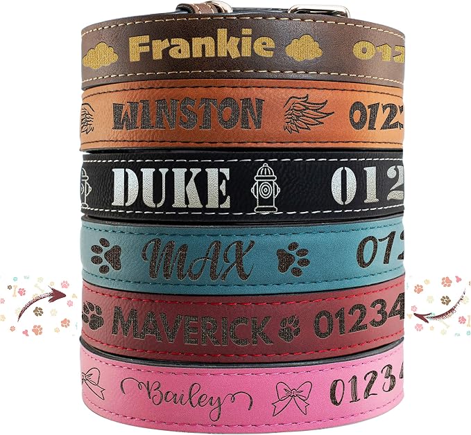 Personalized Leather Dog Collar | 3 Adjustable Sizes - 9 Icons with Your Pet's Name | Medium - Burgundy | - Safe&Secure Pet Collars with ID, Custom Text for Dogs and Puppy - Small Medium Large Puppies