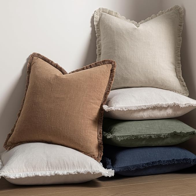 MIULEE Linen Fringe Decorative Fall Euro Throw Pillow Covers Brown 26x26 | Set of 2, Cottagecore Decor, Boho Farmhouse Neutral Pillow Covers, Rustic Fall Couch Cushion Cases for Sofa Bed Living Room
