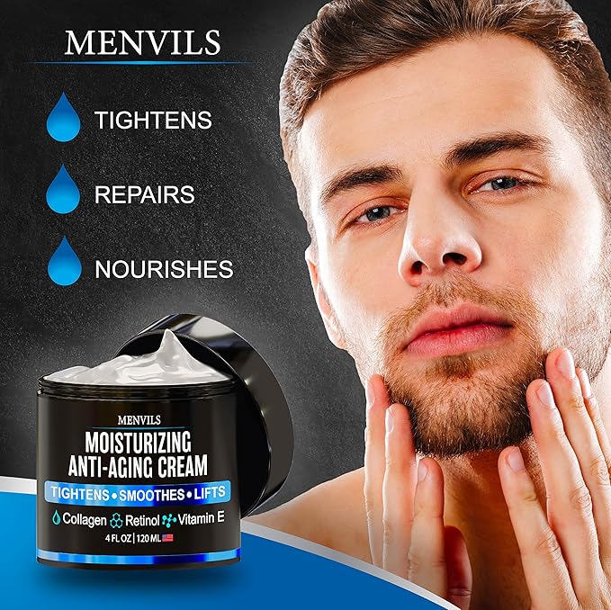 Mens Face Moisturizer Cream - Anti Aging & Wrinkle Repair - After Shave Lotion for Men with Collagen, Retinol, Vitamins E, Jojoba Oil - Age Facial Skin Care - Lightweight Day & Night Cream - 4 oz