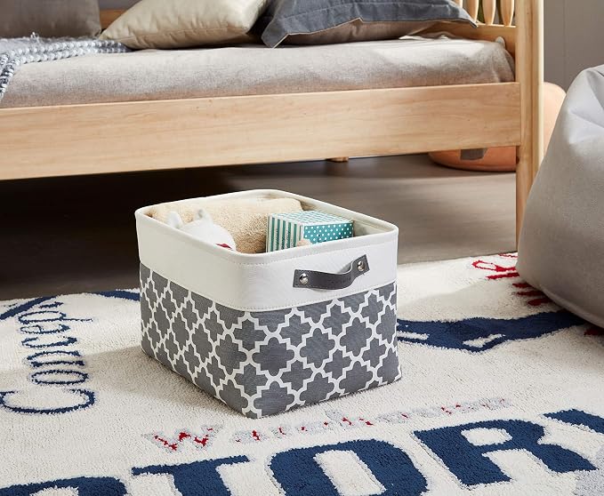 DECOMOMO Storage Bins, Large Fabric Storage Baskets for Shelves 3 Pack | 15 x 11 x 9.5 inches Decorative Linen Closet Organizers with Handles(Grey Patterns)