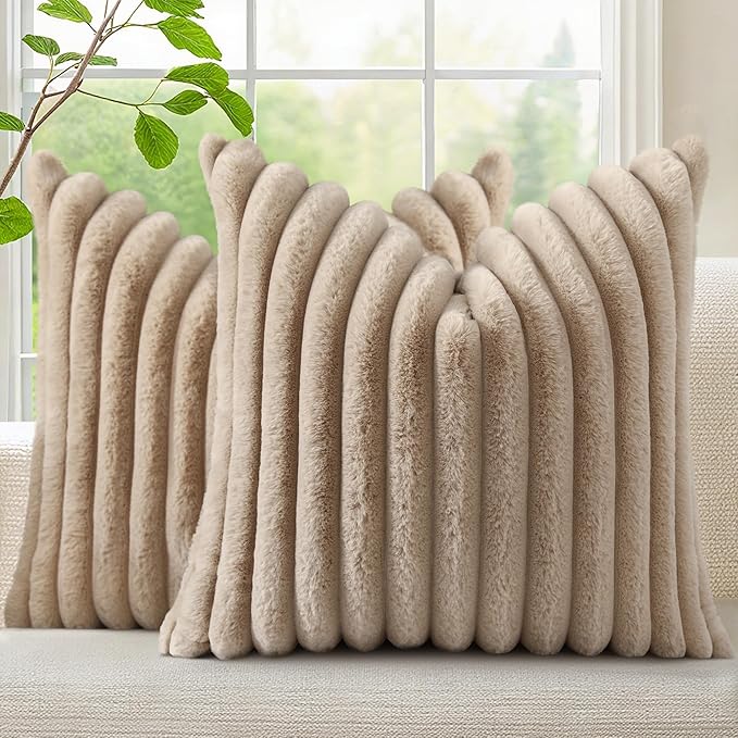decorUhome Fall Faux Fur Throw Pillow Covers 20x20 Set of 2 Khaki Brown | Decorative Soft Cozy Striped Plush Modern Farmhouse Boho Couch Pillow Cases Velvet Back for Sofa Bed Living Room Home Decor