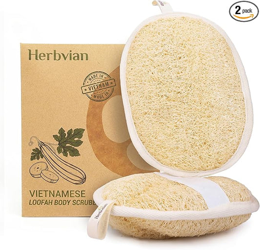 Herbvian Vietnamese Natural Loofah Exfoliating Body Scrubber Pads, 100% Plant-Based Shower Luffa Sponge, Bath Loofah for Women Men, 2-Pack