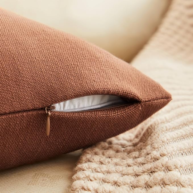 Rustic Linen Throw Pillow Covers Set of 2, Terracotta 20x20in | Textured Pillow Case, Rustic Cotton Linen Fabric, Modern Farmhouse Cushion Covers for Sofa Bed Living Room Home Decor