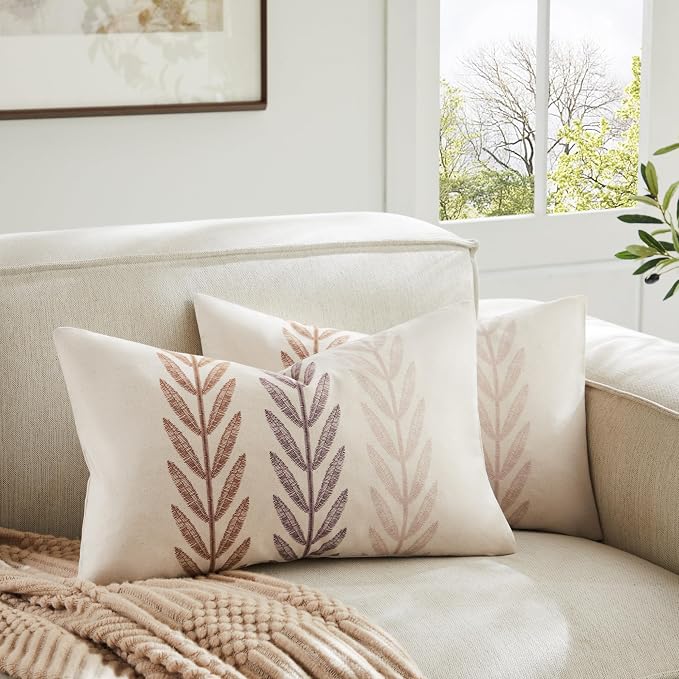 Farmhouse Leaves Lumbar Pillow Covers Set of 2, 12x20in Mixed Brown | 100% Organic Cotton, Rustic Accent Print Pillow Case, Pastoral Decorative Cushion Covers for Sofa Bed Living Room Home Decor