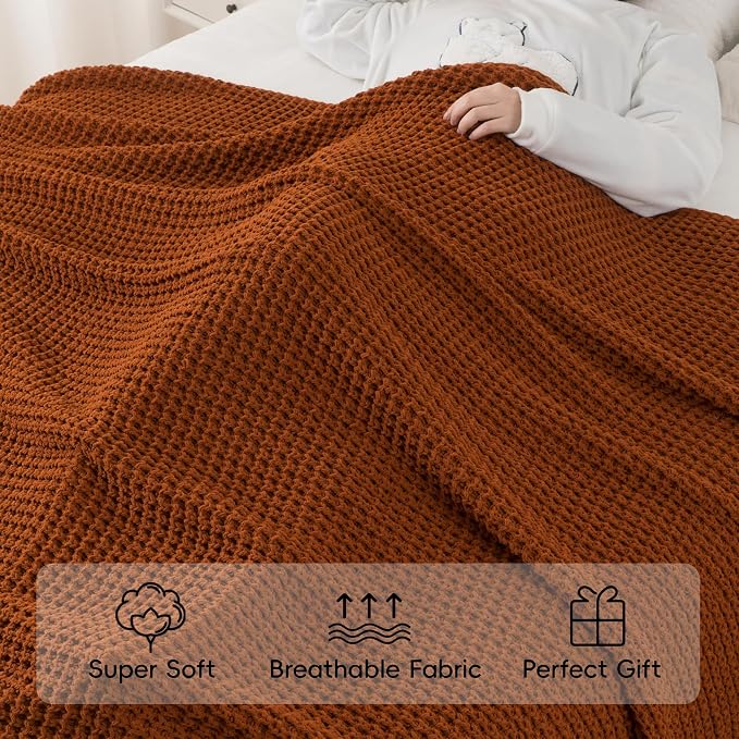 Waffle Knit Blanket Throw, Fall Caramel Throw Blanket for Couch, 50"x60" | Chunky Chenille Throw Blanket, Soft Rust Throw Blanket for Home Decor, Autumn, Sofa, Modern Farmhouse Knitted Style