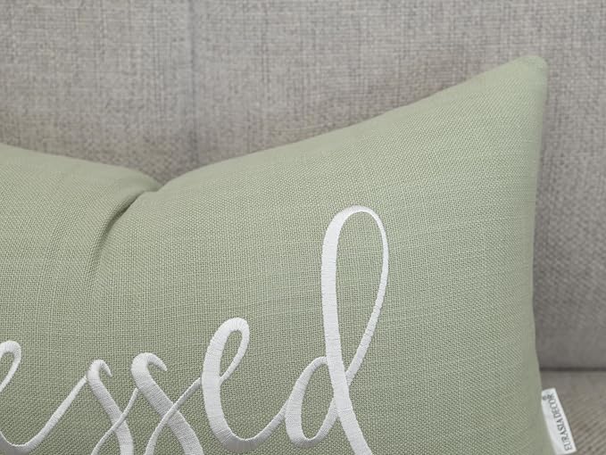 EURASIA DECOR Blessed Embroidered Lumbar Pillow Cover 12x20, Light Green | Raised ivory script on light green; scripture faith gift, cotton, hidden zip, solid back, cover only