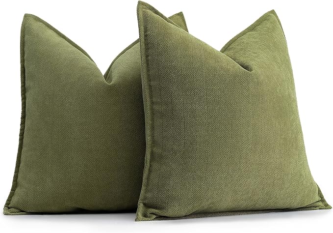 Olive Green Pillow Covers 18x18 Set of 2 Chenille Throw Pillow Covers with Elegant Design Soft and Luxurious Decorative Throw Pillows for Couch, Bed, and Home Decor