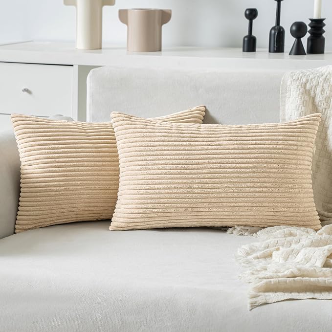 MIULEE Lumbar Soft Corduroy Throw Pillow Covers Set of 2 12x20 Beige | Decorative Striped Textured Cushion Cases, Boho Pillowcases Neutral Home Decor, for Couch Chair Sofa Bed Living Room