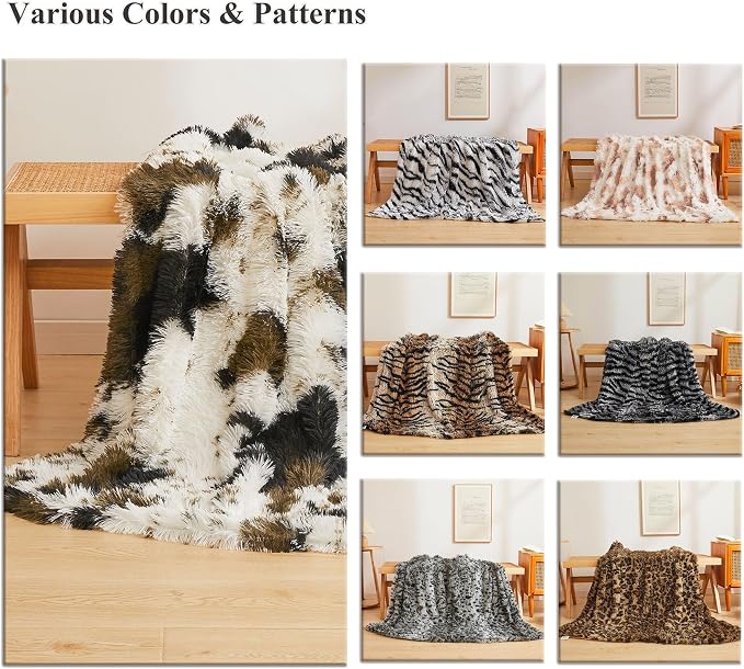 XeGe Luxury Faux Fur Throw, Soft 50x60 Cow Print Fluffy Blanket, Shaggy Plush Decorative Couch Throw, Cute Furry Animal Print Fuzzy Blanket for Sofa Bed, Cow Brown