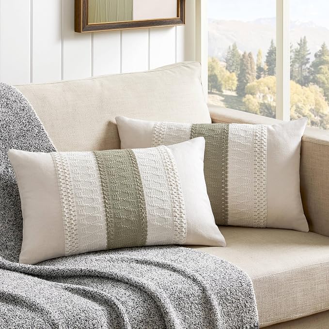 2 Pack Boho Lumbar Pillow Covers, Contrast Dark Sage 12x20in | Soft Breathable Cotton, Farmhouse Decorative Couch Pillow Cases, Cushion Covers for Sofa Bed Living Room Home Decor