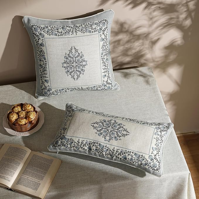 Designer Linen Throw Pillow Cover,Set of 2,18"x18"-Segerman A | Elegant Chinoiserie Square Pillow Cover,Concealed Zipper Design,Floral Pattern,Sofas,Bedroom,Living Room,Lounge Chairs