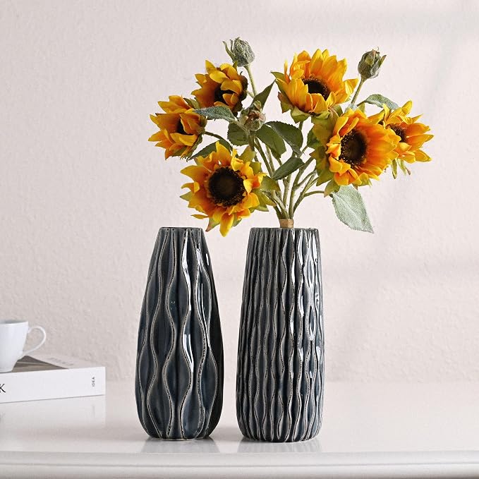 VICTOR & TERESA Ceramic Vase for Flowers, 10'' Set of 2 Decorative Blue Vases for Home Decor, Farmhouse Vases for Pampas Grass, Table, Mantel, Living Room, Shelf, Centerpieces, Gifts for Mom