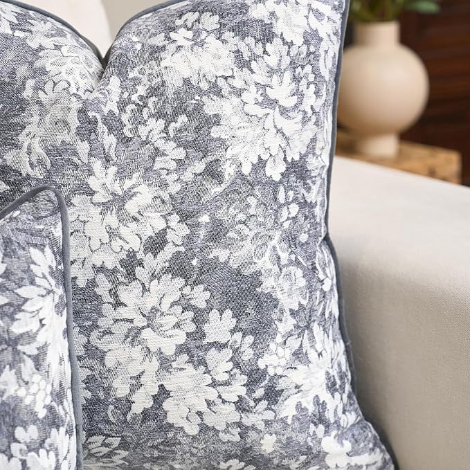 Alerfa Grey Neutral Floral Pillow Cover 18 x 18 Inch, Vintage Chenille Square Couch Pillow Cover Soft Decorative Farmhouse Accent Pillowcase for Living Room Bedroom