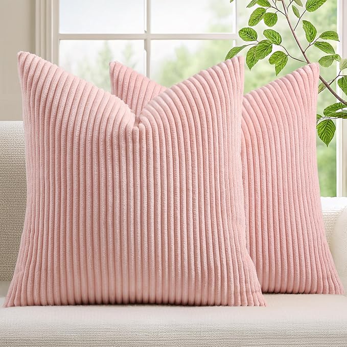 Mecatny Corduroy Decorative Throw Pillow Covers 18x18 Set of 2 Pink | Soft Striped Texture, Hidden Zipper Design, Neutral Boho Square Pillow Cases for Sofa Couch Living Room Bedroom, Home Décor