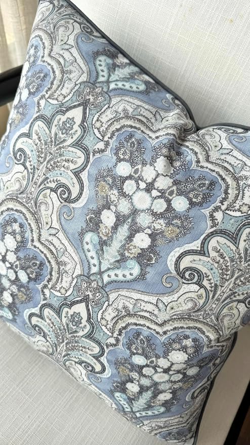Paisley Medallion Print 20x20 Throw Pillow Cover, Blue | Blue paisley medallion on chambray slub, navy piping; both sides printed; hidden zip; cover only