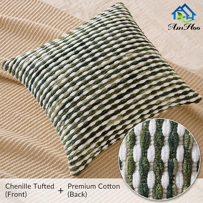 Set of 2 Boho Chenille Pillow Cover Decorative Tufted Pillowcase for Couch Bed Sofa Bedroom Living Room Modern 18 x 18-Inch Sage Green