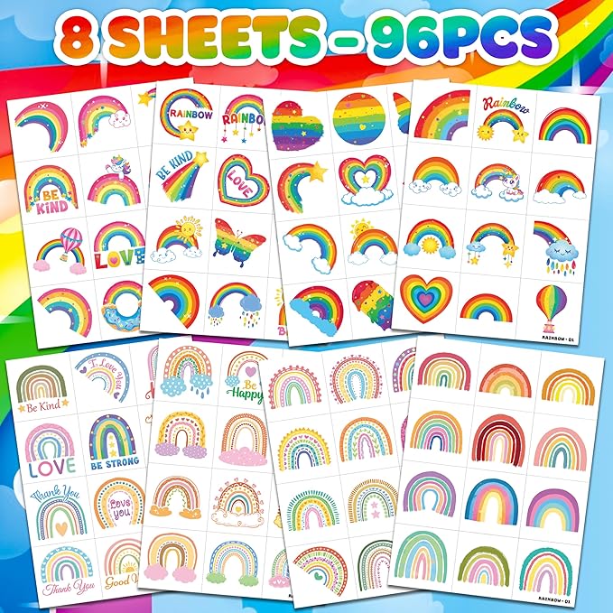 96 PCS Rainbow Pastel Rainbow Pre-Cut Temporary Tattoos for Kids | Super Cute Themed Birthday Party Favors, Supplies, Decorations, Colorful Fake Tattoo Stickers (Multiple)