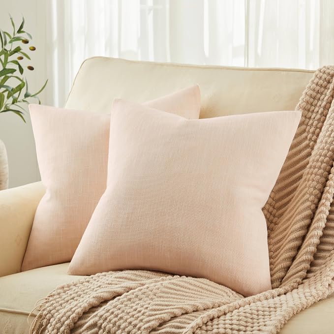 Rustic Linen Throw Pillow Covers Set of 2, Cream 22x22in | Textured Pillow Case, Rustic Cotton Linen Fabric, Modern Farmhouse Cushion Covers for Sofa Bed Living Room Home Decor