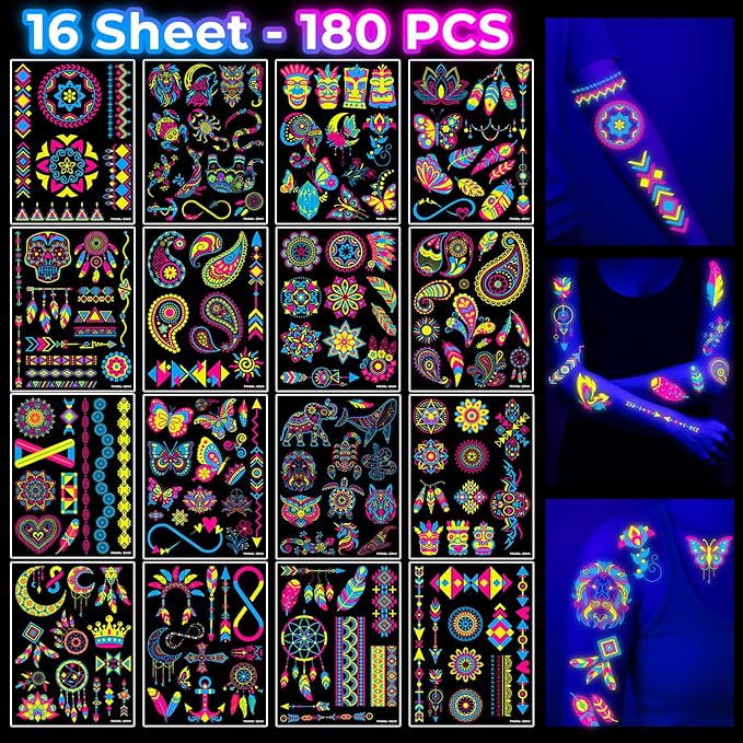 180PCS Tribal Glow in the Dark Pre-Cut Temporary Tattoos for Teens Adults | Glow Neon UV Blacklight Birthday Party Supplies, Favors, Decorations, Fake Tattoo Stickers, Rave Accessories, Gifts For