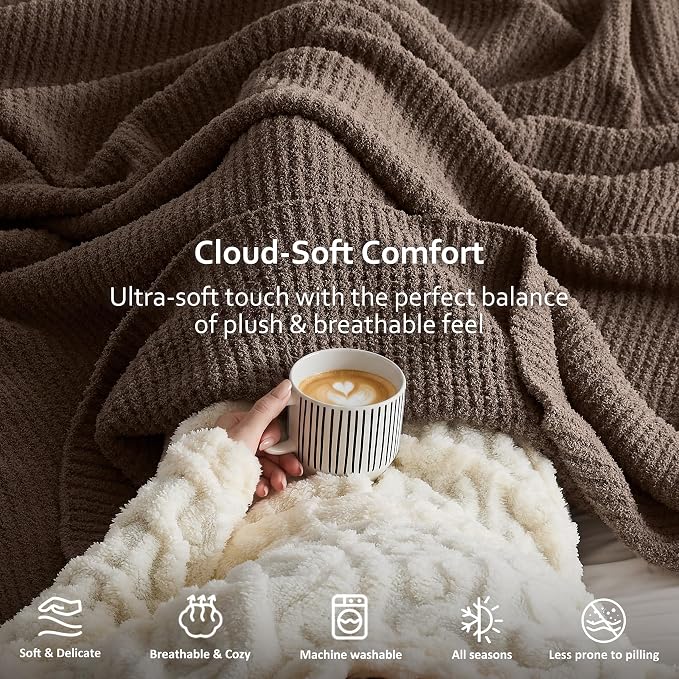 WDCOZY Taupe Waffle Throw Blanket for Couch Bed, Reversible Super Soft Plush Knitted Blanket, Lightweight Cozy Fuzzy Fluffy Warm Throw for Sofa Chair, Textured Blanket for Home Decor, Tan 60"x80"