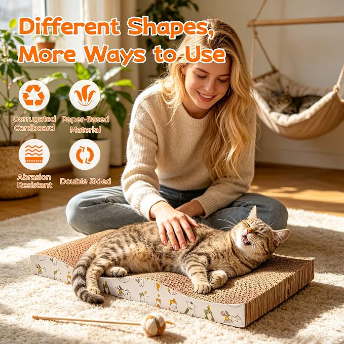 PatiencET Cat Scratcher Cardboard Pads, 4-Pack Mixed Flat and Wavy | Flat and Curved Profiles, Four-Piece Variety, Stretching and Lounging, Catnips Included