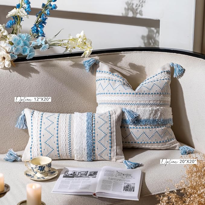 Decorative Throw Pillow Covers 20x20 Combo Set of 2 Square Coastal Blue Boho Accent Pillowcase Tassels Farmhouse Cushion for Couch Sofa Bedroom Living Room Home Décor Cover ONLY