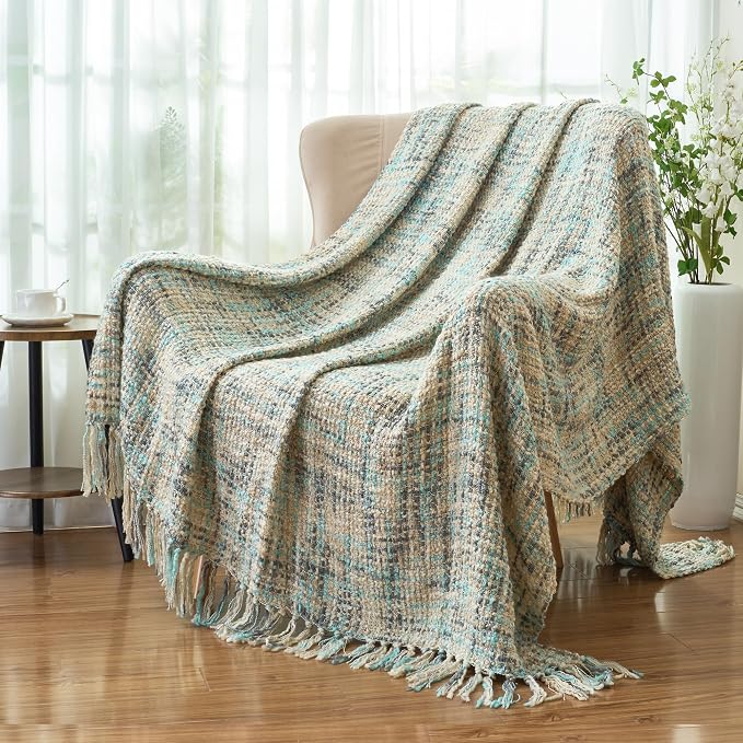 Multi-Color Cable Woven Throw Blanket for Couch - 50"X60" | Multicolored Boho Style,Super Soft Warm Cozy Chunky Blankets with Decorative Tassels for Bed and Sofa,Blue Grey