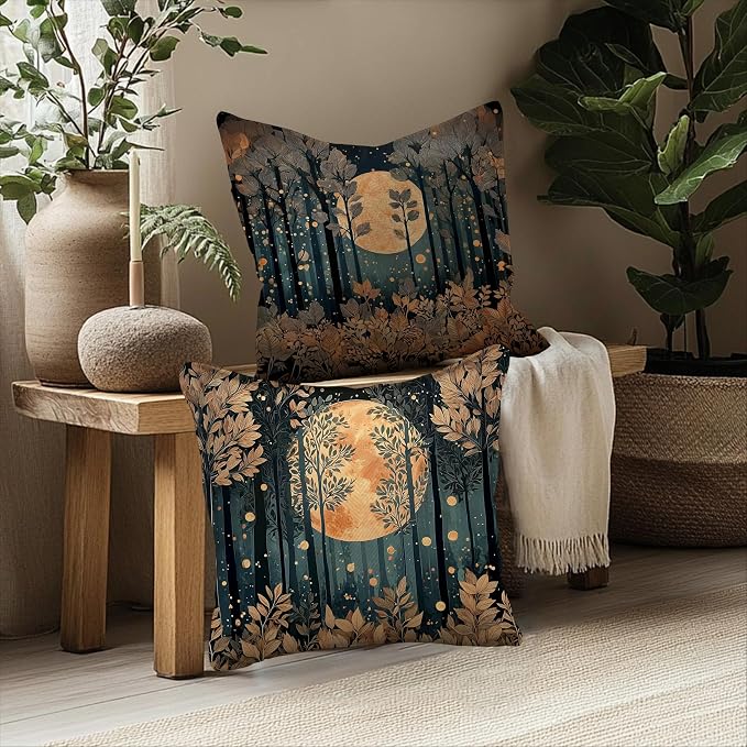 Rustic William Morris Inspired Gold Forest Moon Pillow Covers 18x18 Set of 2,Vintage Black and Gold Moon Nature Landscape Botanical Decorative Throw Pillow Covers for Home Bedroom Living Room