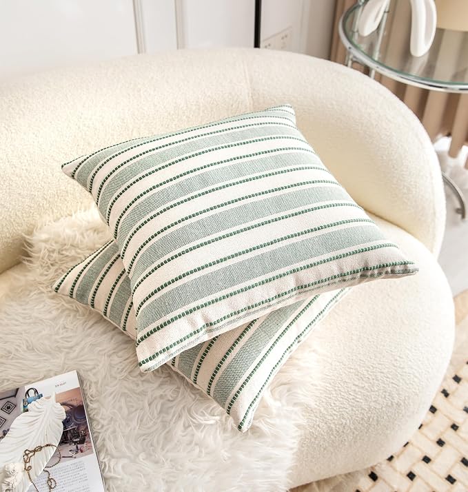 Cethom Decorative Boho Throw Pillow Covers, Farmhouse Textured Pillow Case, 22 x 22 Inch Set of 2, Chair Sofa Bedroom Living Room Home Decor Couch Cushion Case, Green and Beige Striped