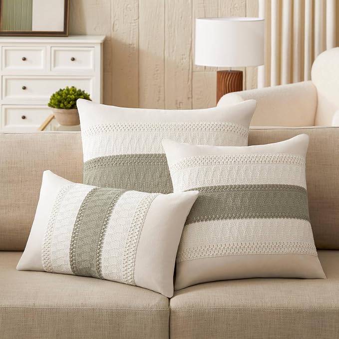 2 Pack Boho Throw Pillow Covers, Contrast Dark Sage 20x20in | Soft Breathable Cotton, Farmhouse Decorative Couch Pillow Cases, Cushion Covers for Sofa Bed Living Room Home Decor