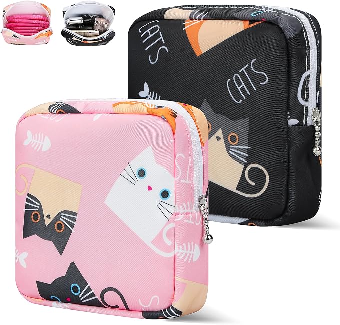 Likesing Period Bag Pouch, Canvas Sanitary Napkin Storage Bag for Girls Womens, Portable Sanitary Napkin Period Pad Pouch for Purse, Small Make Up Bags(Cat, Pink)