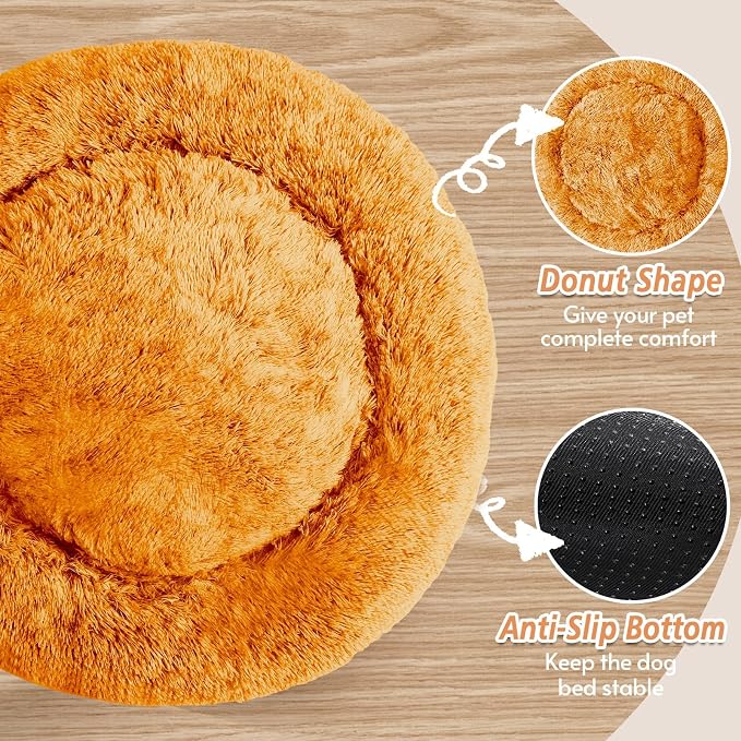 JOLLYVOGUE Calming Dog Bed for Small Dogs - 23 inches Donut Washable Small Dog Bed for Kittens & Puppies, Anti-Slip Round Fluffy Plush Faux Fur Cat Beds (Fits up to 25 lbs Pets, Orange)