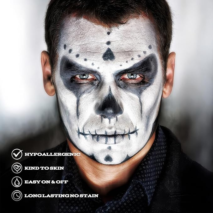 CCbeauty Black White Face Paint, Clown White Face Painting Kit, Flawless & Full Coverage Finish, Professional Body Paint For Halloween Cosplay Party, Skeleton, Joker, Mime, Vampire, Goth Makeup