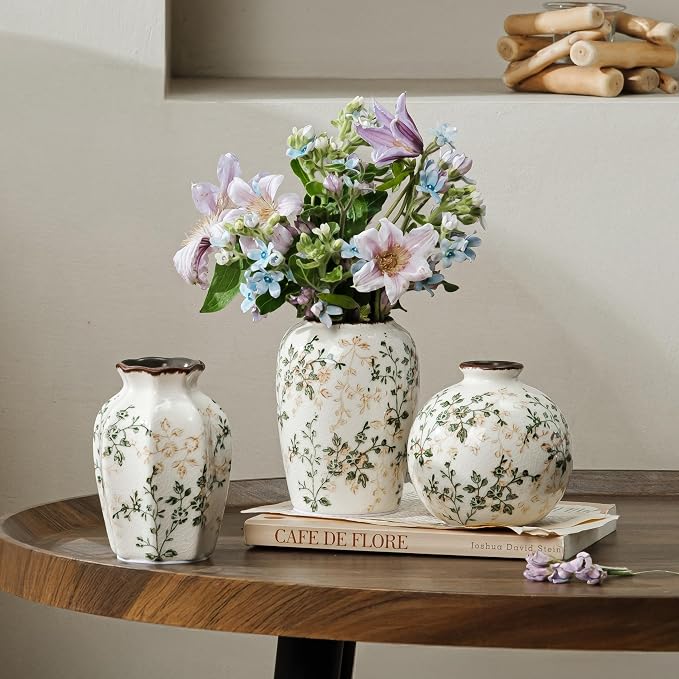 Ceramic Flower Small Vase for Home Decor, Vintage Green Vase Set of 3 | Rustic Farmhouse Floral Vase for Mantel, Coffee Table, Living Room, Kitchen, Bookshelf, Entryway, Wedding Centerpiece