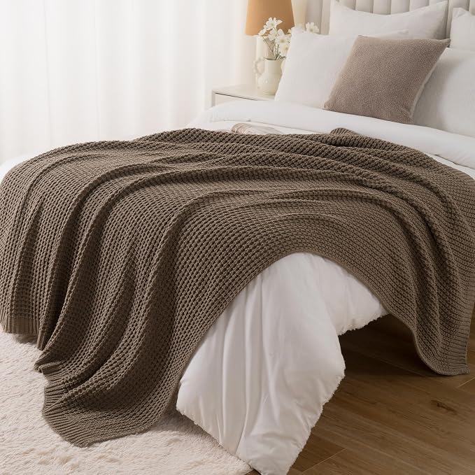 Knitted Waffle Throw Blanket , Camel Tan Throw Blanket for Couch 60x80in | Cozy Chunky Knit Throw Blanket Soft Warm Throws for Men Father Birthday Gifts, Modern Farmhouse Knitted Style