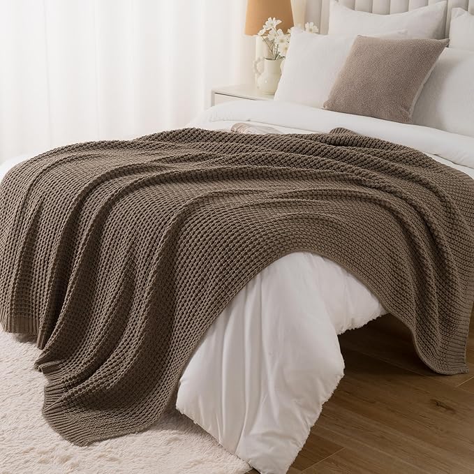 Knitted Waffle Throw Blanket , Camel Tan Throw Blanket for Couch 50"x60" | Cozy Chunky Knit Throw Blanket Soft Warm Throws for Men Father Birthday Gifts, Modern Farmhouse Knitted Style