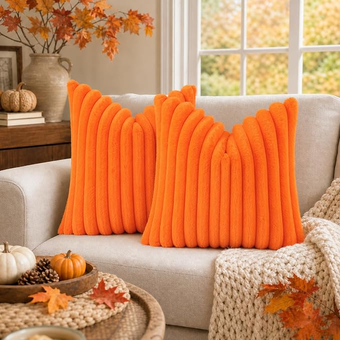decorUhome Fall Faux Fur Throw Pillow Covers 12x20 Set of 2 Orange | Decorative Soft Cozy Striped Plush Modern Farmhouse Boho Couch Pillow Cases Velvet Back for Sofa Bed Living Room Home Decor