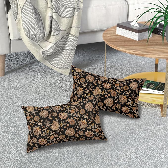 Black Brown Floral Lumbar Pillow Covers 12X20 Inch Set of 2 Vintage Boho Carpet Flowers Decorative Pillow Cases Leaves Plant Cotton Linen Cushion Case Farmhouse Home Decor For Sofa Couch Living Room